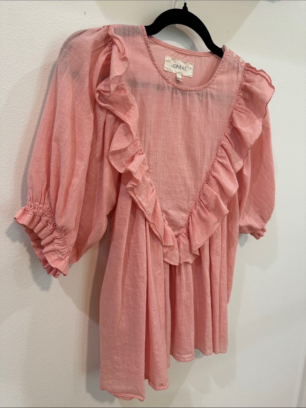 THE GREAT. Pink Ruffle Puff-Sleeve Blouse. Boho. Cottage Core. Coastal Cowgirl. - Picture 9 of 12